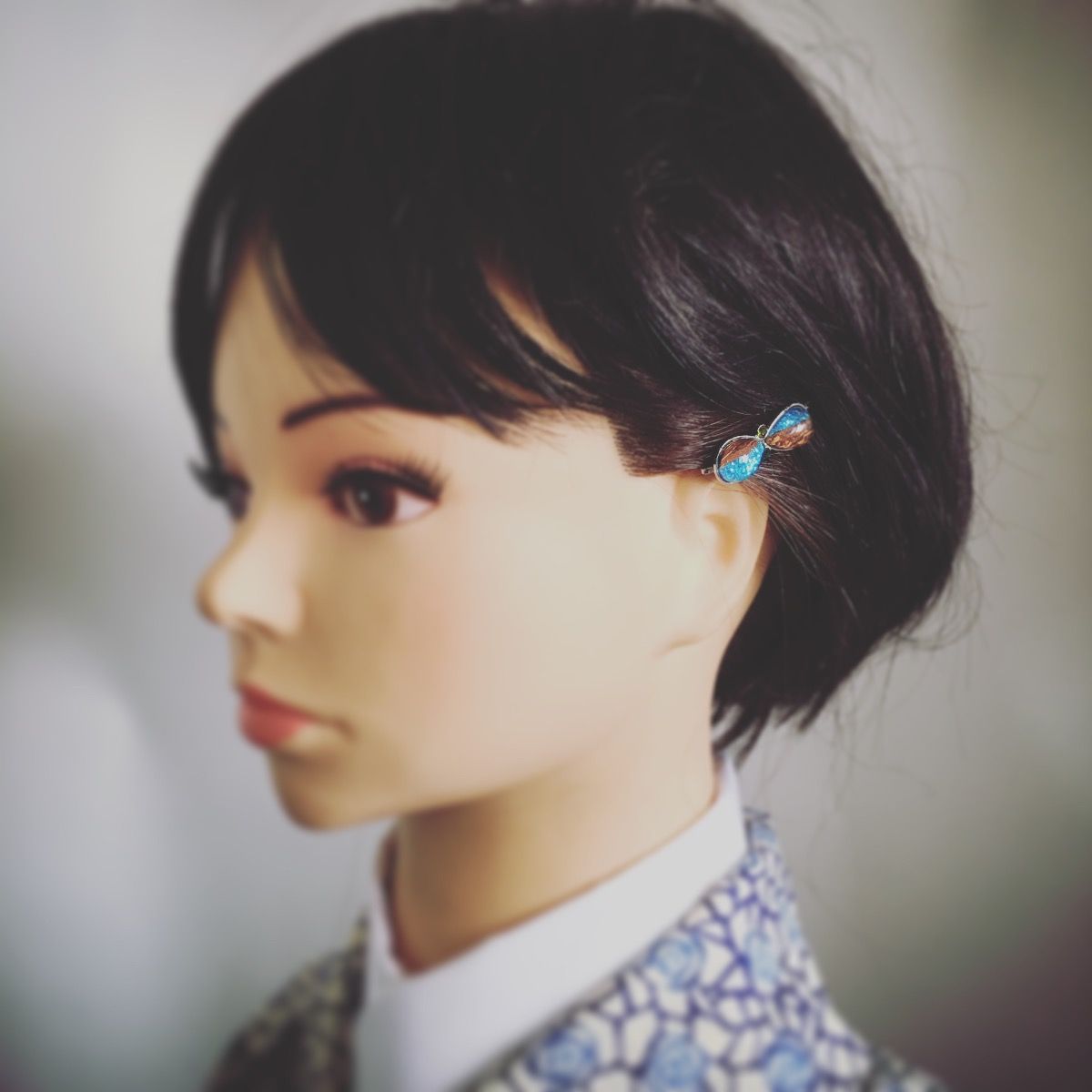 ヘアピン 青 ラメ 木目 飾り取り外し可能