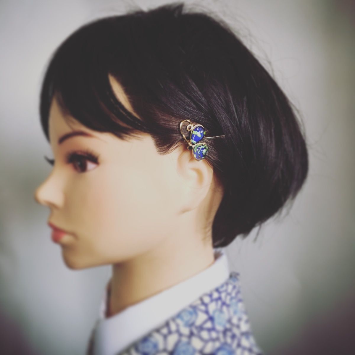ヘアピン 蝶 青 つるくさ ２４金