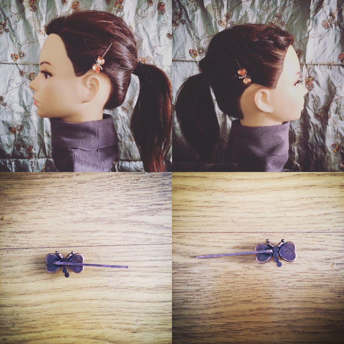 ヘアピン 蝶 渦巻き オレンジ ラインストーン